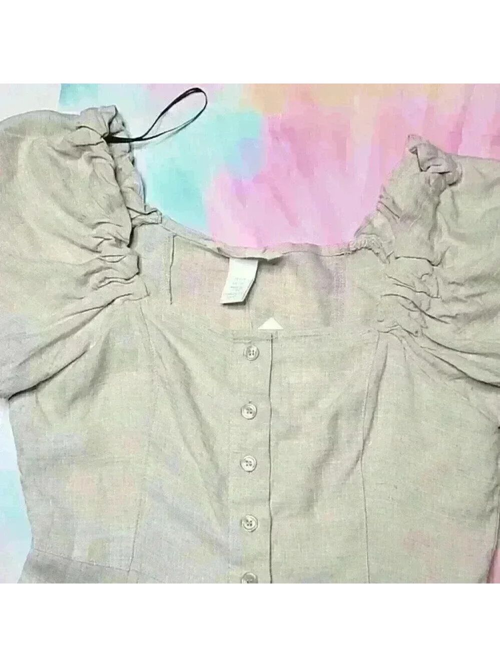 Linen Mix Puffer Sleeve Top - Picture 4 of 6